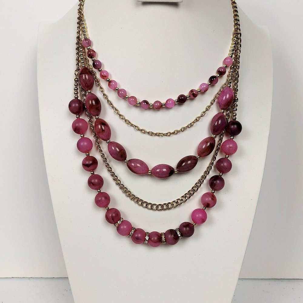 NWT BALLET BRAND LAYERED MAUVE & MAGENTA BEADED NECKLACE WITH CRYSTAL ACCENTS